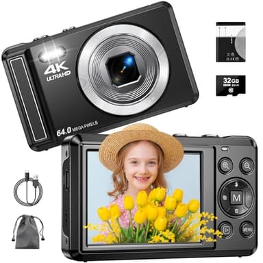 4K Digitalkamera mit 32 GB TF-Karte 64 MP Autofokus Fotoapparat mit 16X Digitalzoom Tragbar Kompaktkamera mit wiederaufladbare1200mAh Batterie, USB-Kabel, für Teenager Erwachsene Anfänger