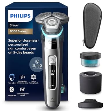 Philips Shaver S9000 – Elektrischer Rasierer für Herren: Nass- & Trockenrasur, Dunkelchrom, Lift & Cut System, SkinIQ Technologie, Barttrimmer, Reinigungsstation, Ladestation & Reiseetui (S9974/55)