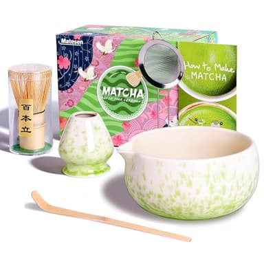 Matesen Matcha Set Beige Grün, 5-teiliges Matcha Besen Set,Premium Starter Set für Anfänger, Matcha Tee Set mit Sieb Chawan und Besen, Zubehör für das Matcha Tea Set für Anfänger Freunde und Familie