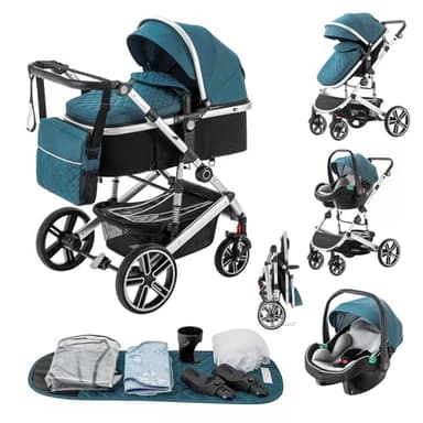 Zkiprm 3-in-1 Baby Kinderwagen Reisesystem, Kinderwagen und Autositz-Kombi, mit höhenverstellbarem Griff, Babybuggy mit Moskitonetz, Reisewagen mit Aluminiumrahmen für Neugeborene 0-4