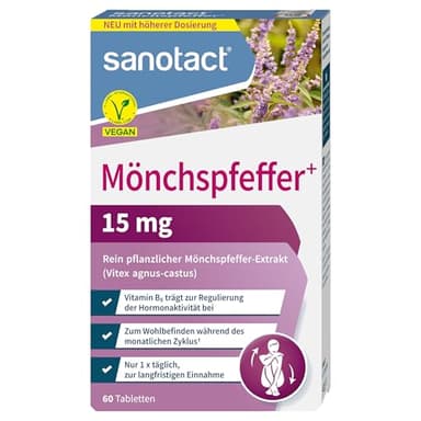 sanotact Mönchspfeffer (60 Tabletten) • Hochdosiert mit 15mg Mönchspfeffer pro Tablette • Zyklusharmonie & Hormon Balance • Frauen Vitamine • Vitamin B6, Magnesium, Pantothensäure • Vegan