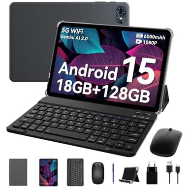 Zenva Tablet mit Tastatur und Stift - Android Tablet 10 Zoll mit 18GB RAM + 128GB ROM (2TB TF), Gemini AI, 5G WiFi & BT 5.3, 6000mAh, Dual Kamera, 2 in 1 Tablet, GPS, Face ID