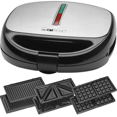 Clatronic® Multifunktionsgerät 3 in 1 | Sandwichtoaster, Waffeleisen und Kontaktgrill | 800 Watt | Spülmaschinengeeignet | Antihaftbeschichtung | Sandwich Maker | ST/WA 3670 Schwarz-Edelstahl