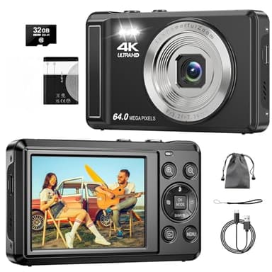 Digitalkamera 4K 64MP, 2.8 Zoll UHD Autofokus Kamera fotokamera, 32GB Karte & Akku,16X Digitalzoom Wiederaufladbare Tragbare Kompaktkameras mit für Kinder Anfänger Jugendliche
