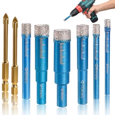 8 Stück Fliesenbohrer Set, Diamantbohrer, 5/6/8/10/12/14mm, Fliesenbohrer Glasbohrer Set und 2 Stück 6mm Metall Bohren, Diamant Bohrer Fliesen für Glas, Porzellan, Keramik, Granit