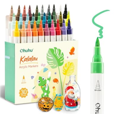 Ohuhu Acrylstifte mit Pinselspitze 30 Farben: Hochdeckende & Wasserfeste Acrylmarker für Steine, Ostereier, Holz, Glas, Keramik & Leinwand - Kalalau