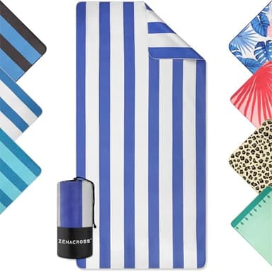 ZENACROSS - Strandhantuch 90x180cm - Mikrofaser Handtuch Groß - Schnelltrocknend - Microfaser Badetuch Sandfrei - Leichtes und Kompaktes Strandtuch - Weiß & Blau