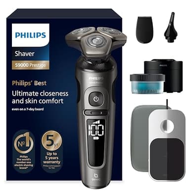 PHILIPS Shaver S9000 Prestige, elektrischer Nass- und Trockenrasierer, Gold, SkinIQ Technologie, Reiseetui, Qi-Ladepad, Präzisionstrimmer, Nasenhaartrimmer und Reinigungsstation, Modell SP9882/36
