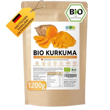 EWL Naturprodukte Bio Kurkuma Pulver 1200g extra XXL Vorteilspack Kurkuma Pulver Bio Kurkumapulver aus kontrolliert biologischem Anbau Abgefüllt + kontrolliert in Deutschland Curcuma Pulver