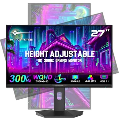 Minifire Gaming Monitor 27 Zoll,300Hz,QHD(2560×1440),Höhenverstellbarer vertikal/horizontal drehbarer,OD 1ms, FreeSync,sRGB 135%,10 bit, 2×DP1.4, 2×HDMI 2.1,VESA-kompatibel(MFG27F6Q Pro)