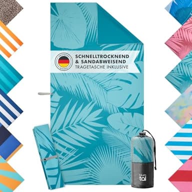Blumtal Strandtuch XXL aus Mikrofaser - kompaktes und schnelltrocknendes Handtuch/Strandhandtuch 90x180 - Stranddecke sandfrei mit Band - Badetücher schnelltrocknend mit türkisem Palmen-Motiv