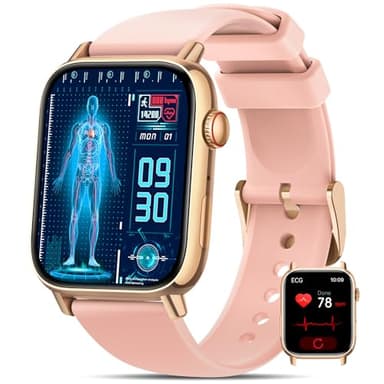DEKELIFE Smartwatch Herren Damen mit ΒΙυτzυcker/EKG/HRV/ 1.83" Fitness Gesundheitsuhr mit 24h Herzfrequenz/Blutdruck/SPO2/Schlaf/SOS-Notruf, 145+ Sportmodi Fitnessuhr Schrittzähler iOS Android Rosa