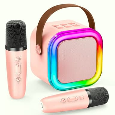 Karaoke Maschine Kinder IROO Mini Karaoke Maschine mit 2 Mikrofonen, Mädchen Mikrofon Kinder Geschenke für Kinder Tragbarer Bluetooth-Lautsprecher mit Stimme wechselnde Effekte und LED-Lichter(Rosa)