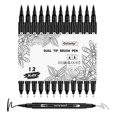 Gelanty Filzstifte Schwarz, 12 Stück Dual Brush Pen Set, Fineliner Stifte Set, Filzstifte Dicke und Dünne für Kunstzeichnung, Skizzieren, Malbuch