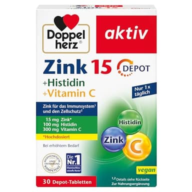 Doppelherz Zink 15 + Histidin + Vitamin C - 15 mg Zink als Beitrag für die normale Funktion des Immunsystems und für den Erhalt normaler Haut - 30 vegane Depot-Tabletten