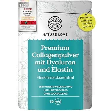 NATURE LOVE® Premium Collagen Pulver mit Hyaluronsäure und Elastin - 500g Kollagen - Peptide Type 1 und 3 - geschmacksneutral - Kollagen von Rindern aus Weidehaltung - laborgeprüft