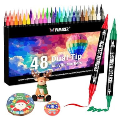 Pamaker 48 Farben Acrylstifte Set – Acrylmarker mit feiner Spitze und Pinsel für Stoff, Leinwand, Glas, Holz und Papier – Ideal für Kinder und Erwachsene, zum Zeichnen und DIY-Bastelprojekte