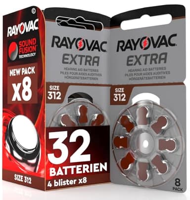 32 Hörgerätebatterien Rayovac Extra Size 312. - 4 Blister mit 8 Batterien