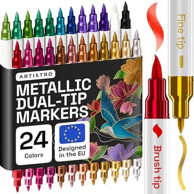 Artistro Acrylstifte mit Doppelspitze, Mehrfarbig – Für Stoff, Leinwand, Stein, Glas, Holz & Papier –Perfekt Christmas Set für kreative Kinder, Teenager & Bastelfans - 24 Metal Pinsel & Feine Spitze