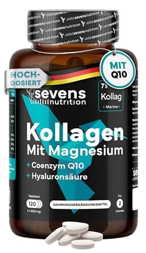 Kollagen Kapseln Hochdosiert – Premium Kollagen Hydrolysat Komplex mit Hyaluronsäure, Q10, Magnesium & Vitaminen A, C, D3, B12 + Zink – Laborgeprüft – 120 Tabletten – Sevens Nutrition