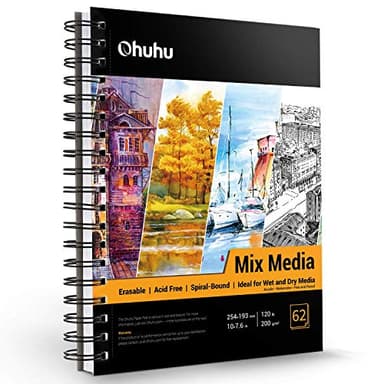 Ohuhu Skizzenbuch Mischtechnik im Hochformat - 200g/m² säurefreier Künstlerblock (62 Blatt), Spiralbindung für Nass- & Trockentechniken, ideal für Aquarell, Acryl, Bleistift & Pastell - 25,4 x 19,3 cm
