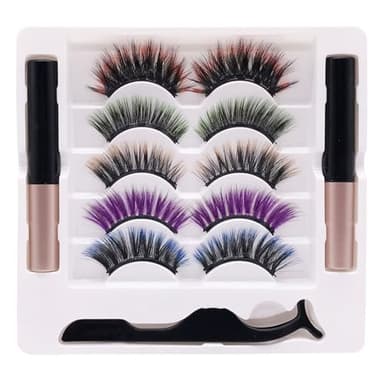 5 Paar Farbige Magnetische Wimpern, Künstliche Magnet Wimpern Set Mit 2 Magnetischen Eyelinern Und 1 Pinzette, Leicht Aufzutragende, Wiederverwendbare Farbige Magnet Wimpern Kit