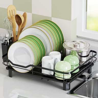 ROTTOGOON 304 Edelstahl Geschirr Abtropfständer - Abtropfgestell mit Messerblock & Utensilienkorb - Upgrade Ablaufsystem & Anti-Rutsch Füße für Küche Schwarz