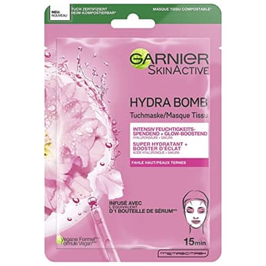 Garnier Tuchmaske, Gesichtsmaske für fahle Haut, Glow-boostend und feuchtigkeitsspendend, Mit Hyaluronsäure und Sakura, Hydra Bomb, 28 g