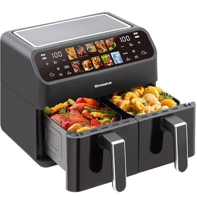 Sinaopus Heißluftfritteuse Airfryer, Dual Zone Heißluftfritteuse 9L – Doppelkammer XXL 2000 W, LED-Touchscreen, 10 Programme, Friteuse Heissluft ohne Öl, Airfryer mit 2 Körben(9L-901A)