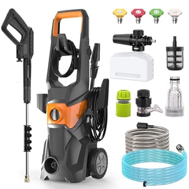 Profi Hochdruckreiniger, 200 Bar 3000 W Fassadenreiniger mit 10m Schlauch, Fugenreinige, 1.8m Wasserzulaufrohr, 540 l/h Fördermenge, Reinigungslanze, Düsenaufsatz, Quick Connect, Orange