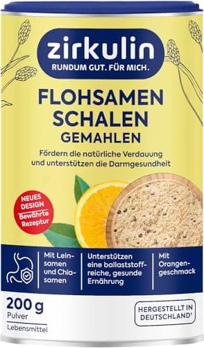 Zirkulin Flohsamenschalen gemahlen mit Chia und Leinsamen, hochwertige Ballaststoffe zum Trinken mit Orangengeschmack 1 x 200g