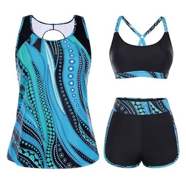 Hanna Nikole Sport Badeanzug Damen,3 teilig Tankini Set,Bauchweg Bademode,Push Up Bikini Oberteil Und High Waist Badeshorts Mit Taschen,Verstellbare Badebekleidung Schwimmanzug Farbblock Strandmode