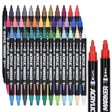 DealKits 36 Farbige Acrylstifte, Dual Tip Stifte für Steine Bemalen, Wasserfest Multimarker Doppelspitze Acryl Permanent Marker für Leinwand Papier Fotoalbum Gästebuch Holz Eier