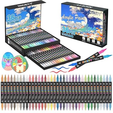 NICETY 72 Farben Acrylstifte für Steine wasserfest - 36 Stück Doppelspitze Acrylmarker Set für Steinmalerei, Holz, Glas, Keramik - Zweifarbige Wasserbasis Acrylic Marker mit Pinselspitze