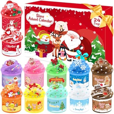 Slime Adventskalender 2025 Kinder, Adventskalender Schleim Set Fluffy Slime Kit, 24 Tage Weihnachtskalender Schleim Weihnachten Geschenk für 4 5 6 7 8 9 10 11 12 13 14 Jahre Mädchen Jungen Teenager