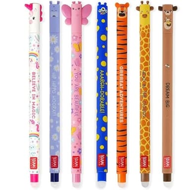 LEGAMI Set mit 7 radierbaren Gelstiften mit thermoempfindlicher Radiertinte, verschiedene Tintenfarben und Schaftdesigns, 0,7 mm Spitze, Einhorn, Nilpferd, Schmetterling, Corgi, Tiger, Giraffe,