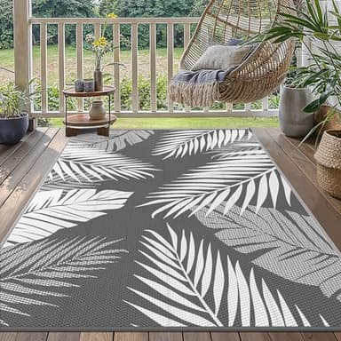GENIMO Outdoor Teppich Wetterfest Waschbarer Camping Teppich 150x240cm Wendbar UV-bestandig Carpet, Kunststoff-Picknickdecke für Balkon, Garten, Wohnmobil, Deck, Hinterhof, Grau & Weiß