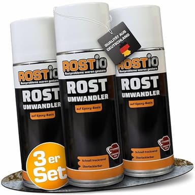 Rostio Rostumwandler Spray 3 x 400 ml – Rostkonverter & Korrosionsschutz – Rostentferner farblos – überlackierbar nach ca. 120 Min – Epoxidharz-Basis – temperaturbeständig bis 180 °C