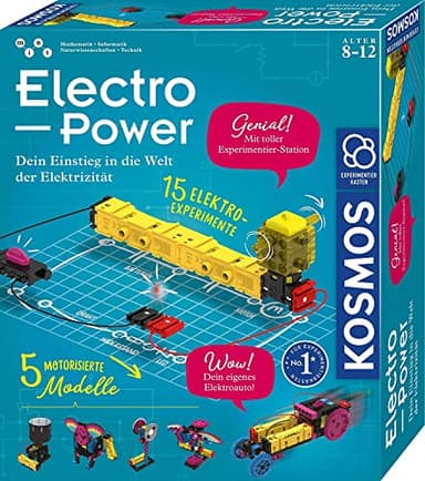 KOSMOS 620707 Electro Power – Einstieg in die Welt der Elektrizität, Amazon Exklusiv, Technik Experimentierkasten für Kinder ab 8 Jahre, Elektronik Baukasten mit 5 motorisierten Modellen