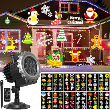 OUSFOT Weihnachten Projektor Außen, 12 Folien, Halloween Projektor Outdoor mit Fernbedienung und Timer Funktion, Geeignet für Erntedankfest, Weihnachten, Neujahr, Partys
